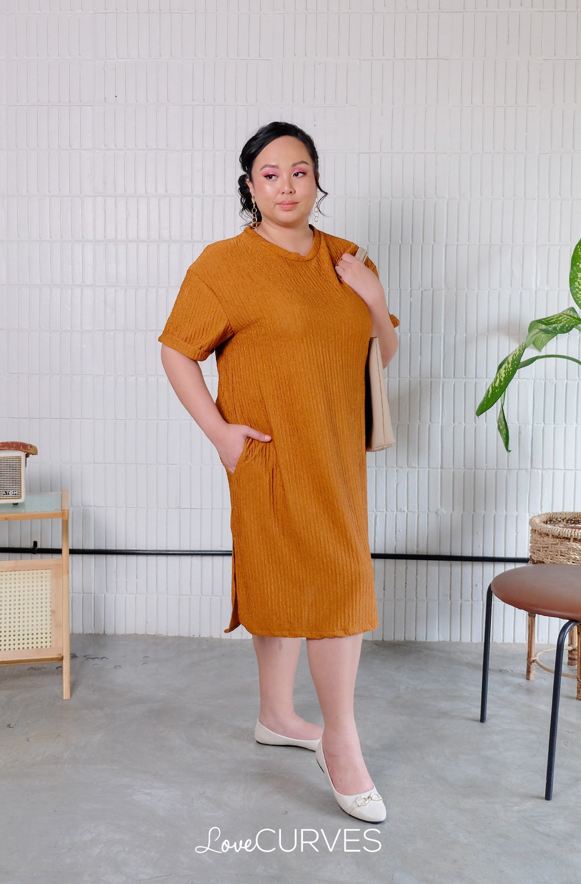 T-Shirt Dress with Side Slits - Burnt Copper