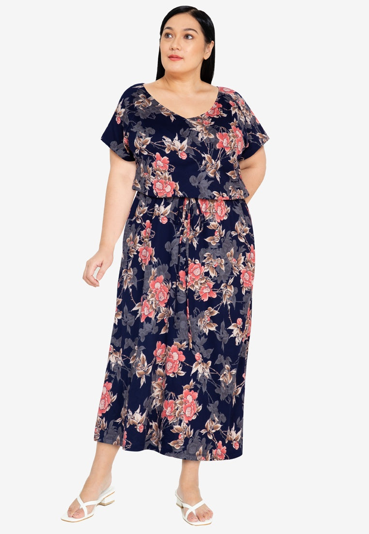 Raglan Midi Dress with Side Slits- Coral Floral
