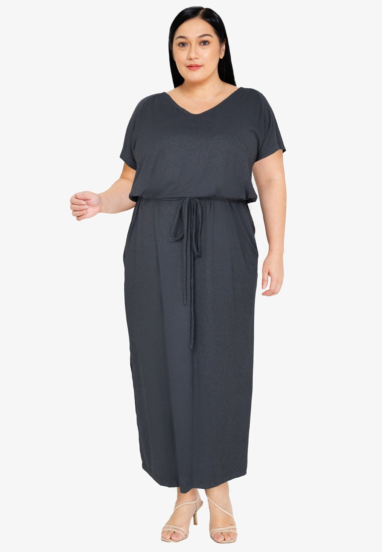 Raglan Midi Dress with Side Slits- Stone Gray