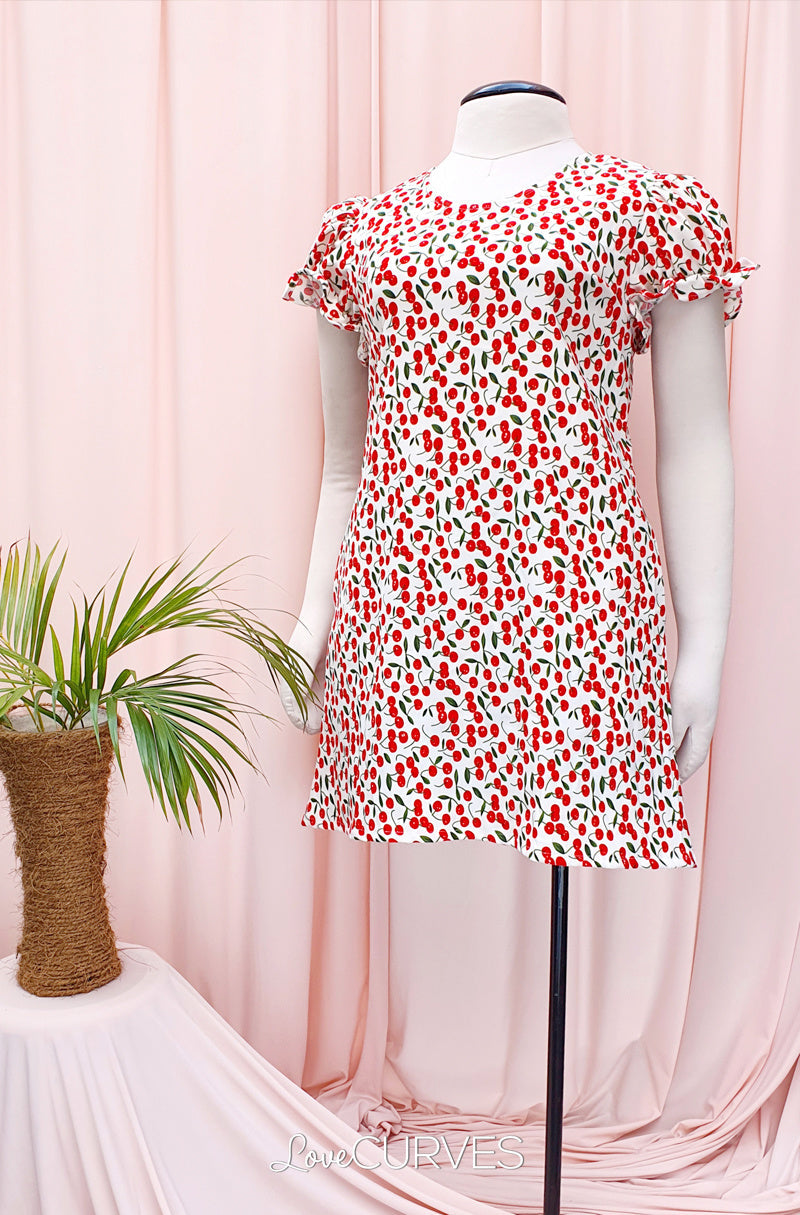 Puff Sleeves Shift Short Dress- White Cherry