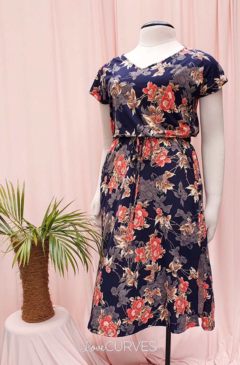 Raglan Midi Dress with Side Slits- Coral Floral