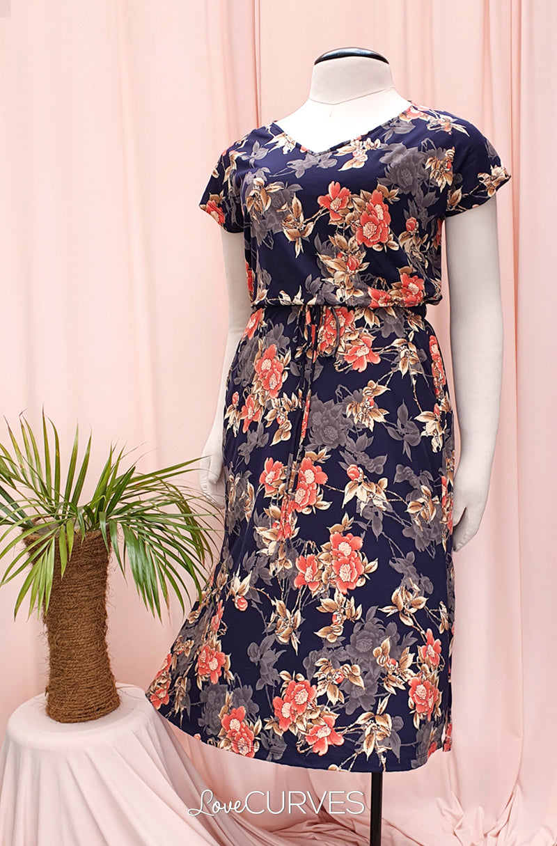 Raglan Midi Dress with Side Slits- Coral Floral