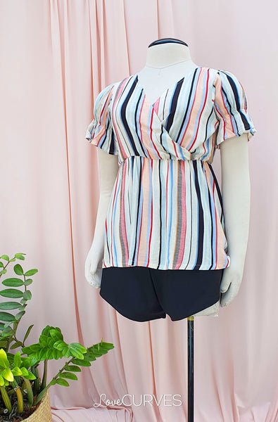 Puff Sleeves Wrap Top - Vacay Stripes