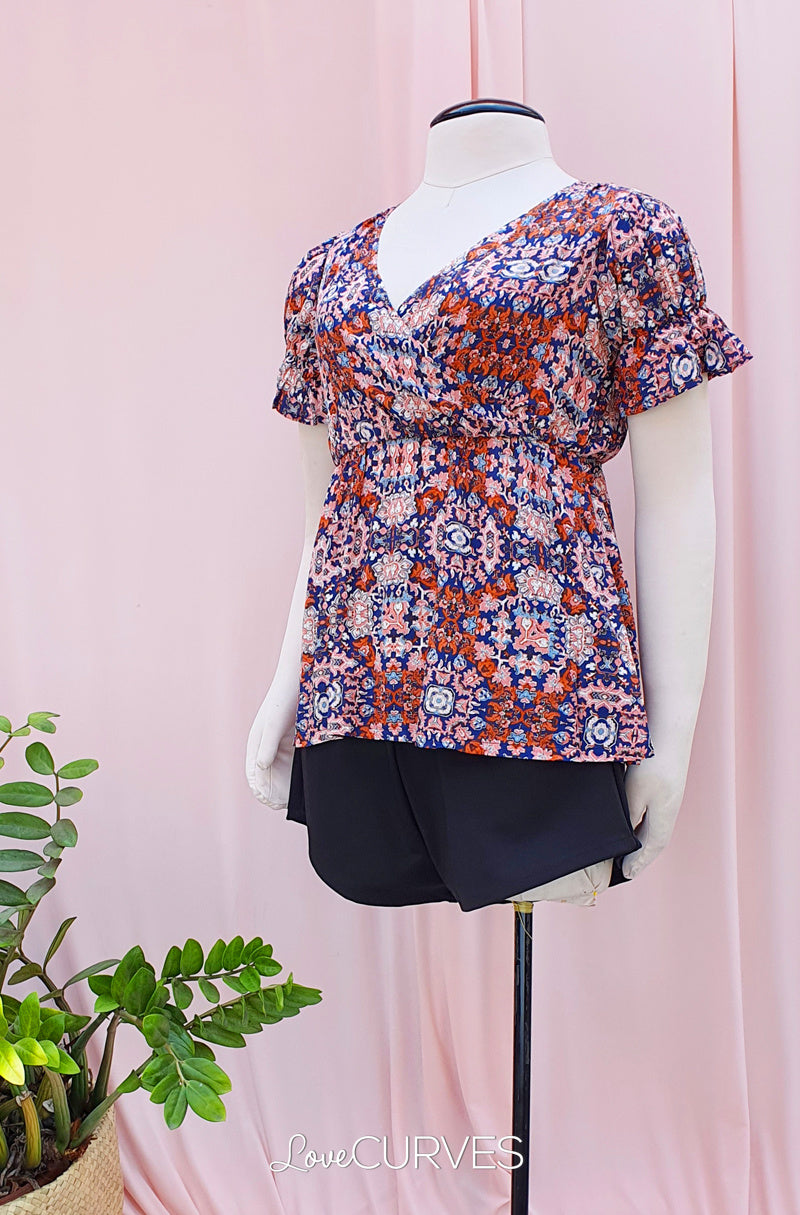 Puff Sleeves Wrap Top - Moroccan Tiles