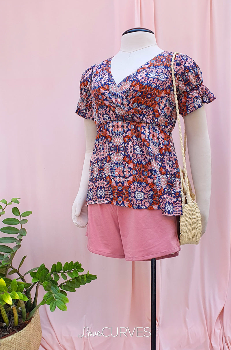 Puff Sleeves Wrap Top - Moroccan Tiles