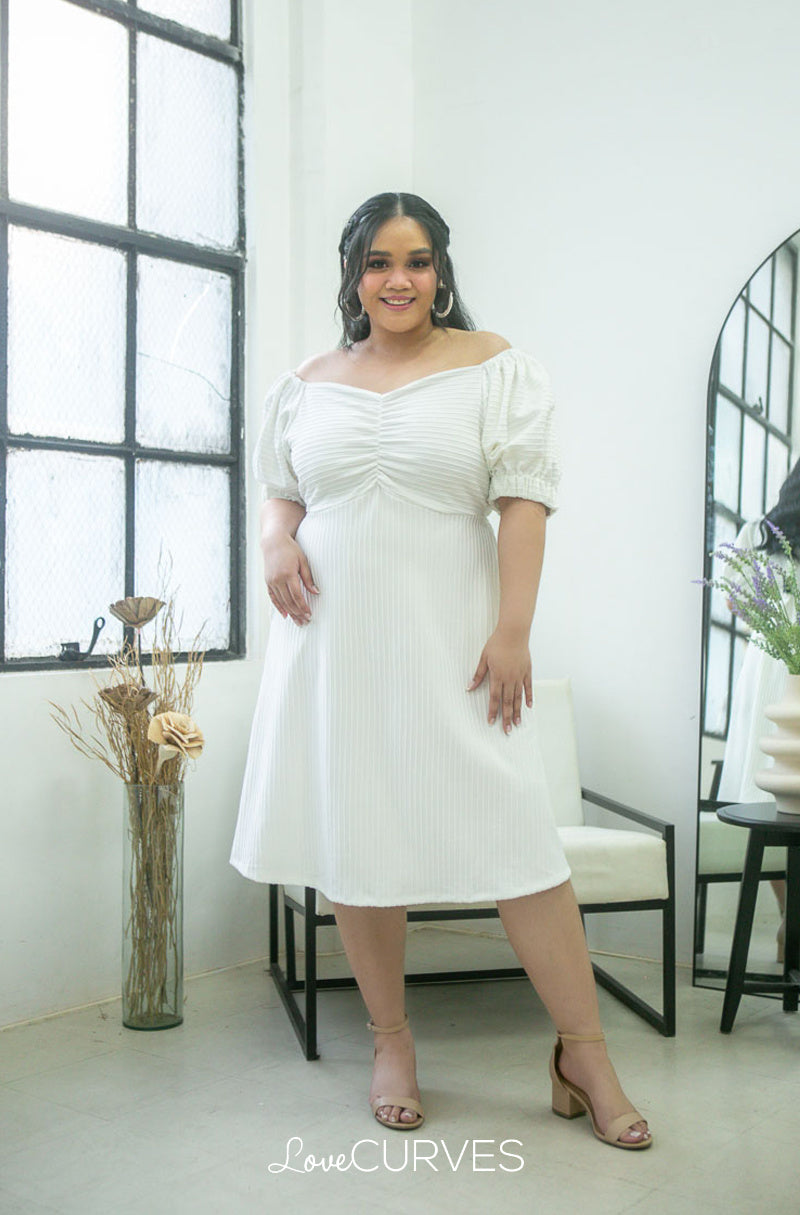 Ruched Empire Puff Sleeves Short Dress - White Stripes