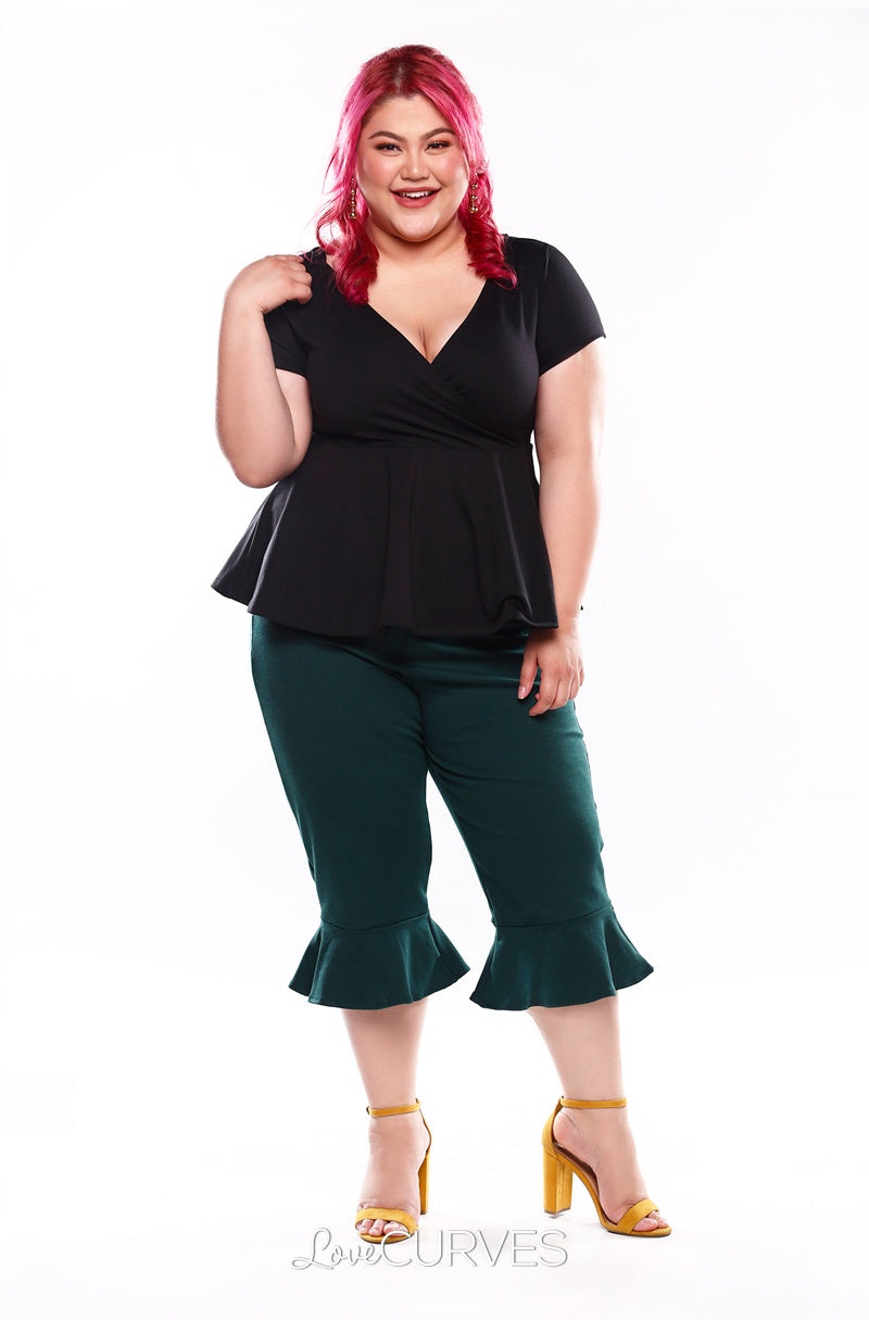 Surplice Neck Peplum Top - Black - OLI