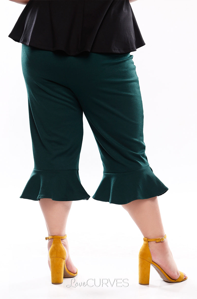 Frill Hem Cropped Pants with Side Pockets - Dark Green - OLI