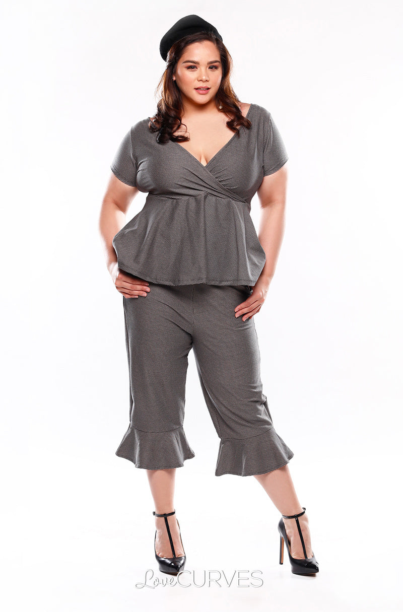 Frill Hem Cropped Pants with Side Pockets - Vintage Houndstooth - OLI