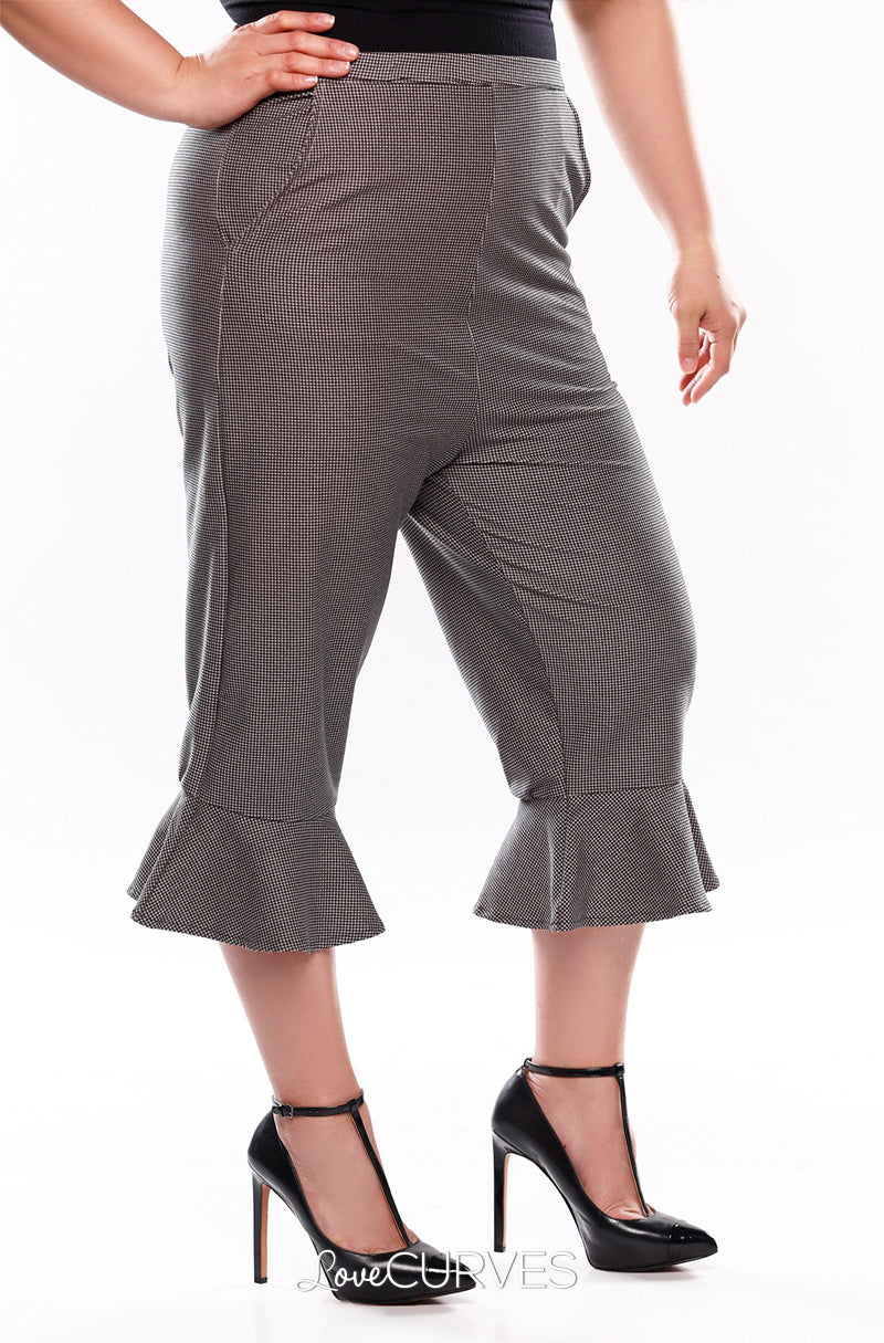 Frill Hem Cropped Pants with Side Pockets - Vintage Houndstooth - OLI