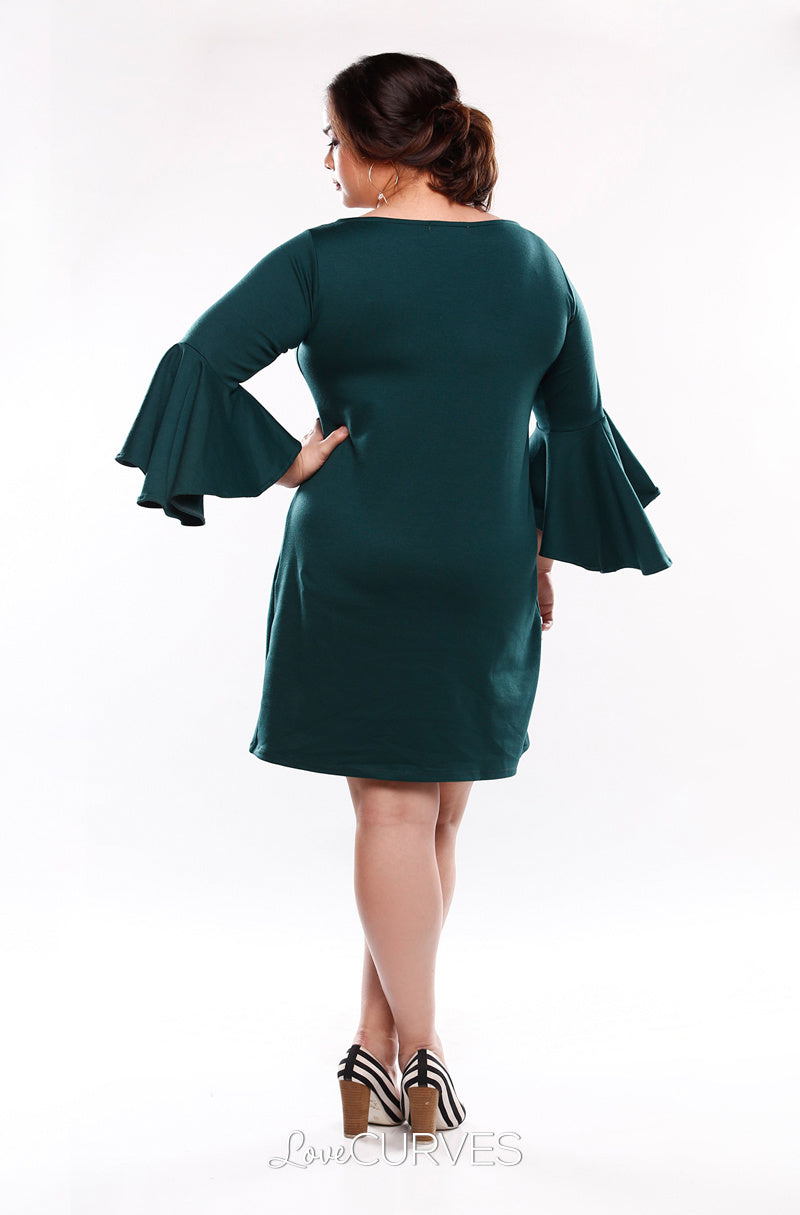 Asymmetrical Flare Sleeves Sheath Dress - Dark Green- KDR