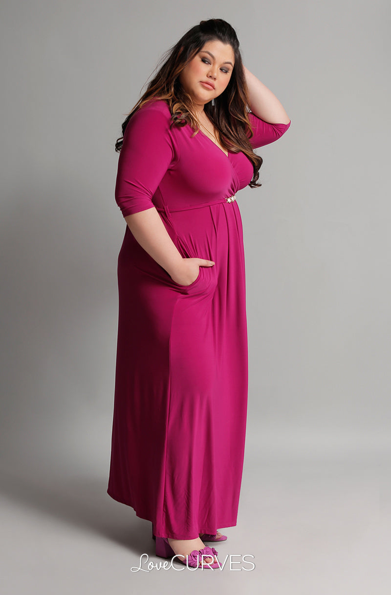 Pleated Wrap Maxi Dress with Charm Belt - Magenta