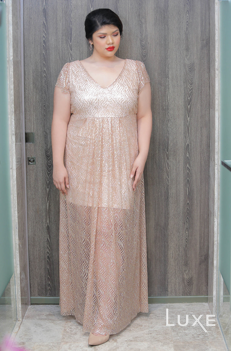 Deep V-Neck Glitter Gown - Blushing Beauty - LUXE