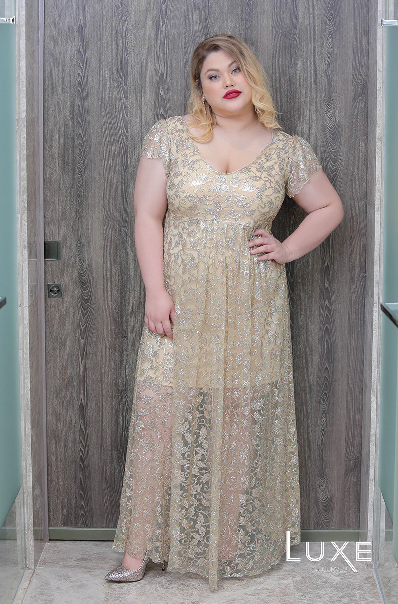Deep V-Neck Glitter Gown - Golden Goddess- LUXE