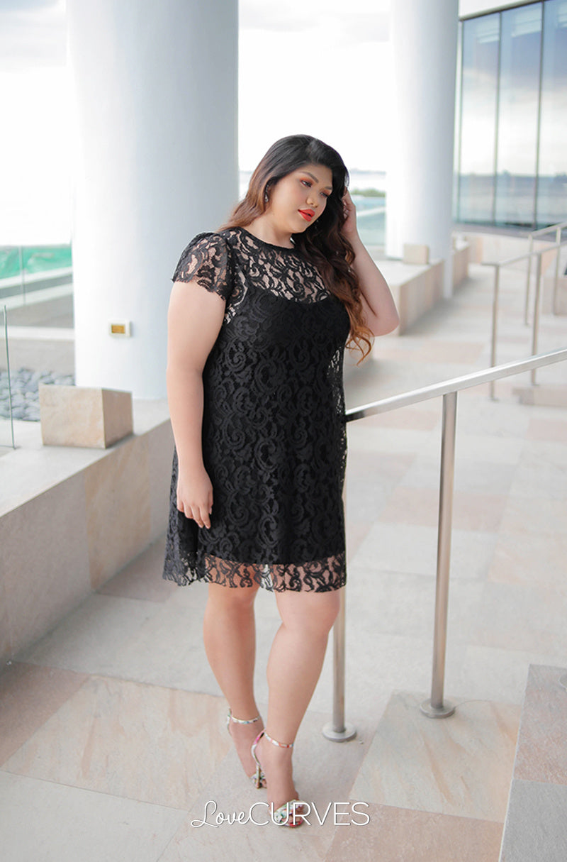 Short Lace Dress with Inner Chemise - Black