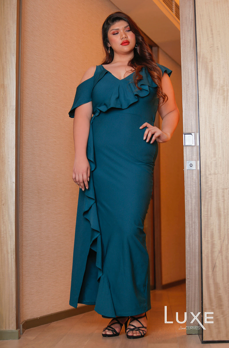 Cold Shoulder Flounce Maxi with Slit - Teal -LUXE