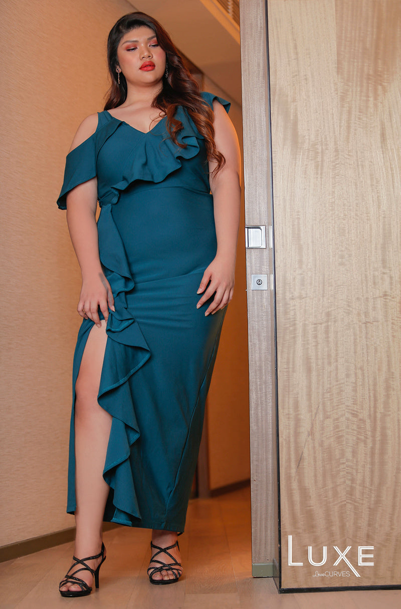 Cold Shoulder Flounce Maxi with Slit - Teal -LUXE