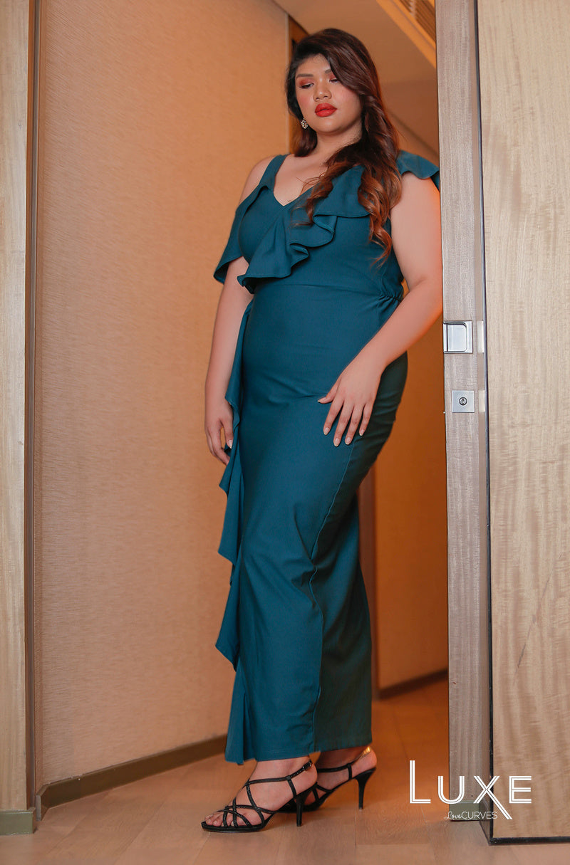 Cold Shoulder Flounce Maxi with Slit - Teal -LUXE