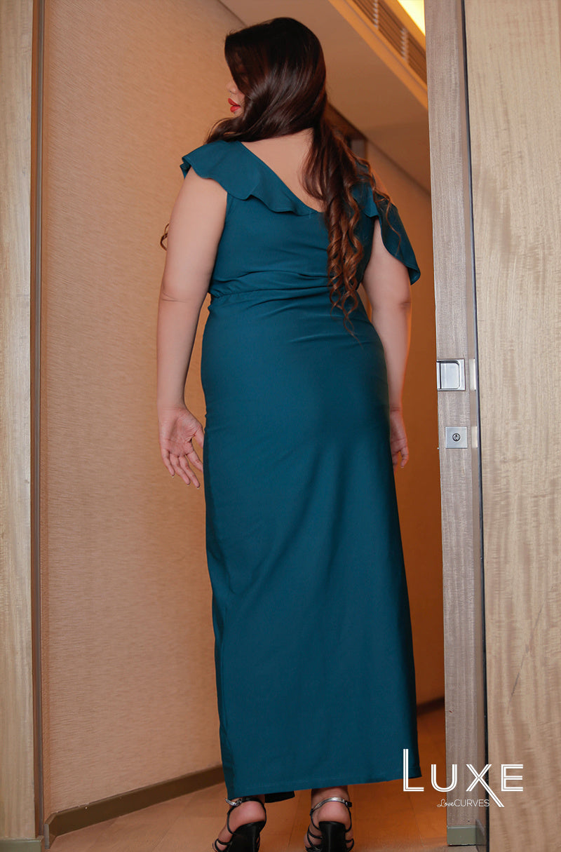 Cold Shoulder Flounce Maxi with Slit - Teal -LUXE