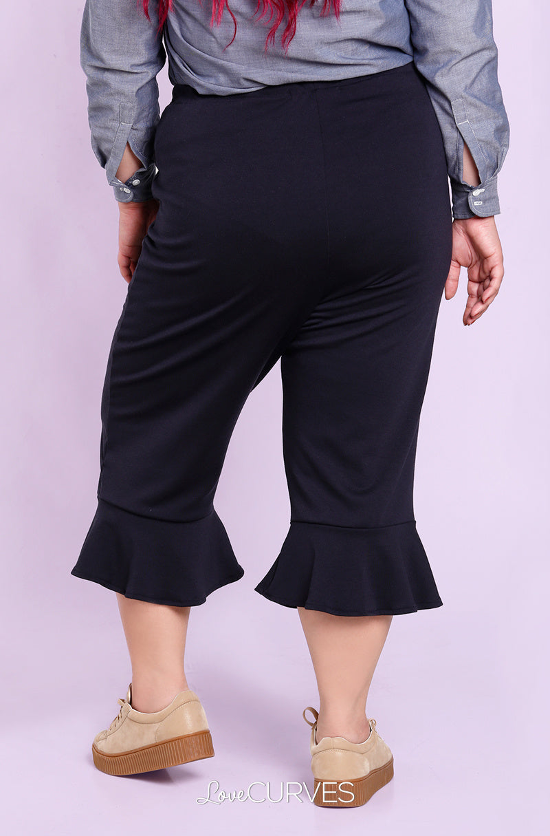 Frill Hem Cropped Pants with Side Pockets - Midnight Blue - OLI