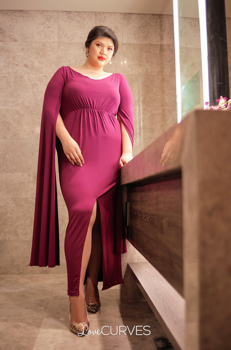 Front Slit Cape Maxi Dress - Plum
