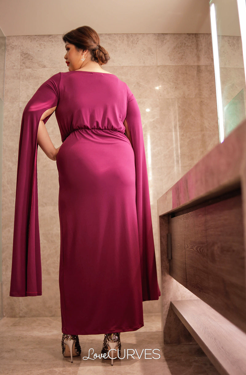 Front Slit Cape Maxi Dress - Plum