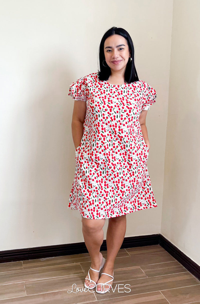 Puff Sleeves Shift Short Dress- White Cherry