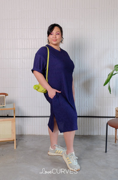 T-Shirt Dress with Side Slits - Navy Blue