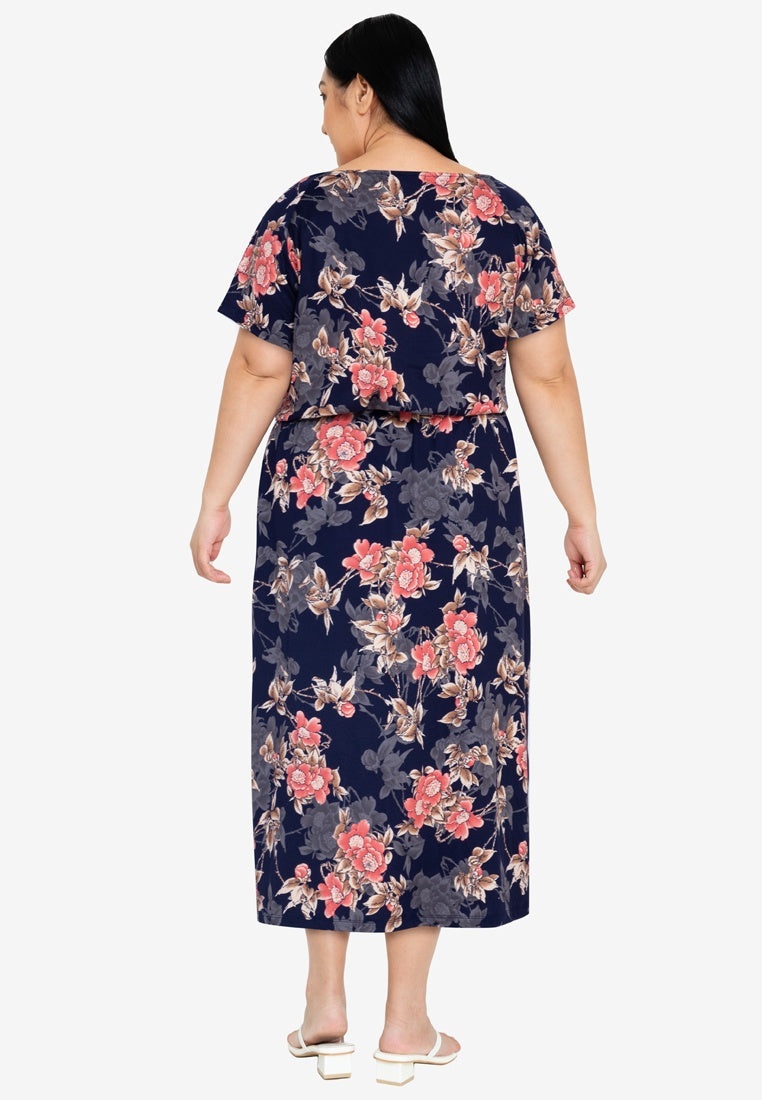 Raglan Midi Dress with Side Slits- Coral Floral