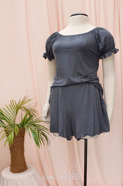 Puff Sleeves Top and Shorts Shorty Set - Stone Gray