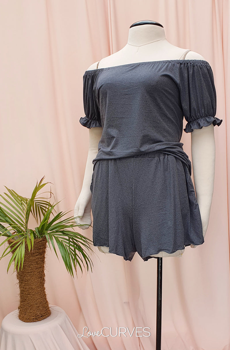 Puff Sleeves Top and Shorts Shorty Set - Stone Gray