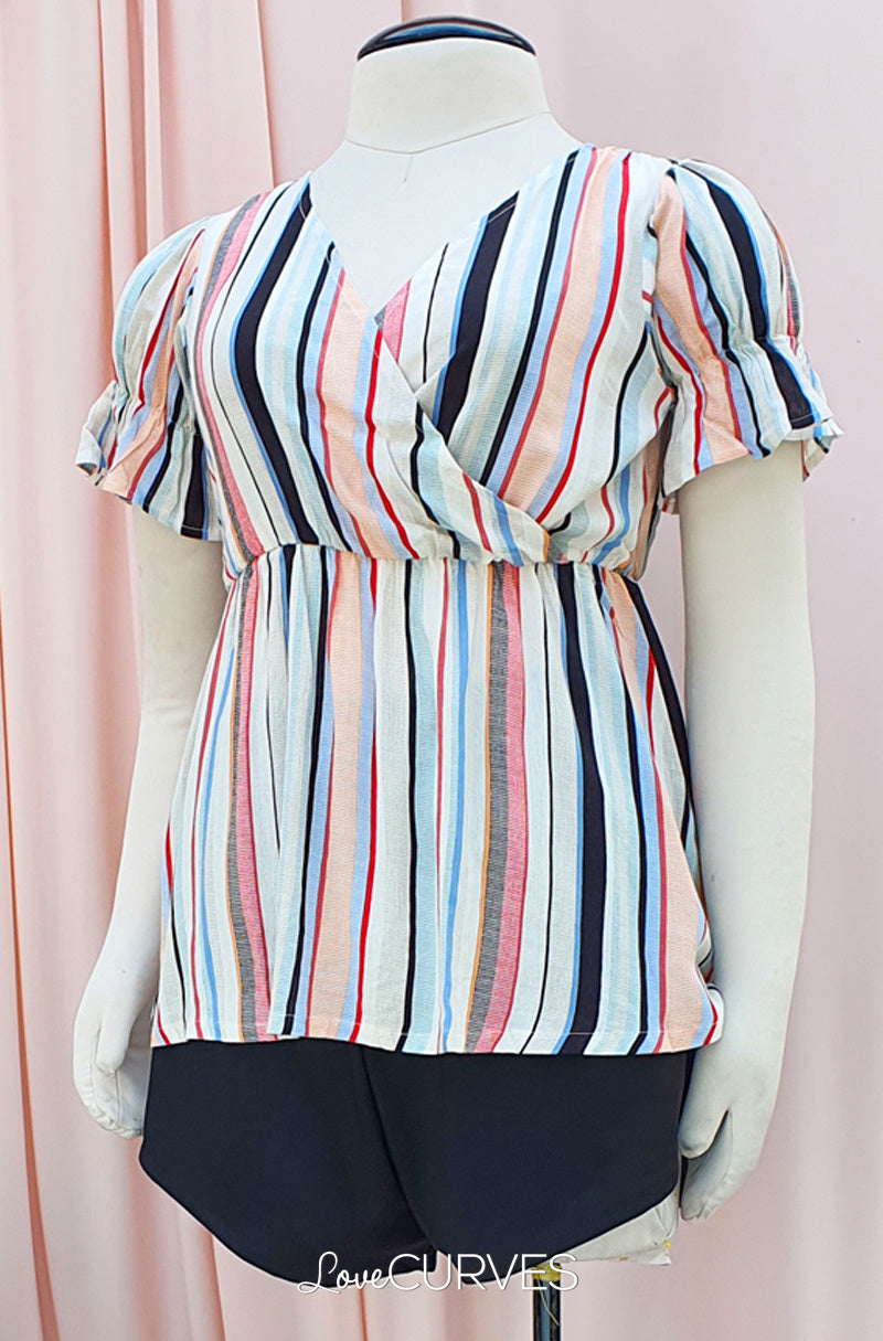 Puff Sleeves Wrap Top - Vacay Stripes