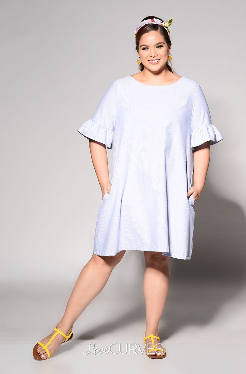 Ruffled Sleeves Shift Dress - Light Blue Stripes - REE