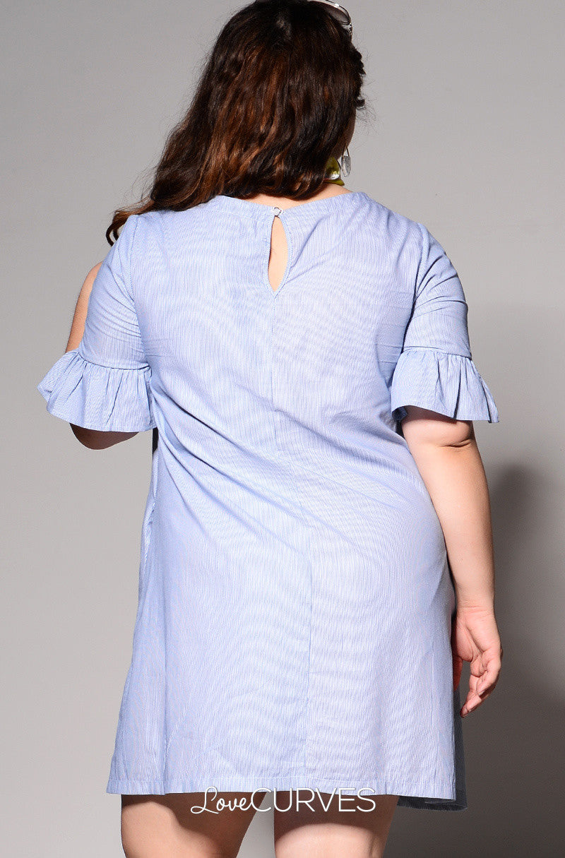 Ruffled Sleeves Shift Dress - Dark Blue Stripes - REE