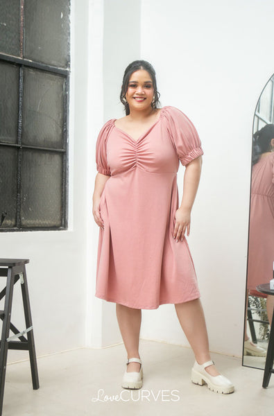 Ruched Empire Puff Sleeves Short Dress - Dull Rose
