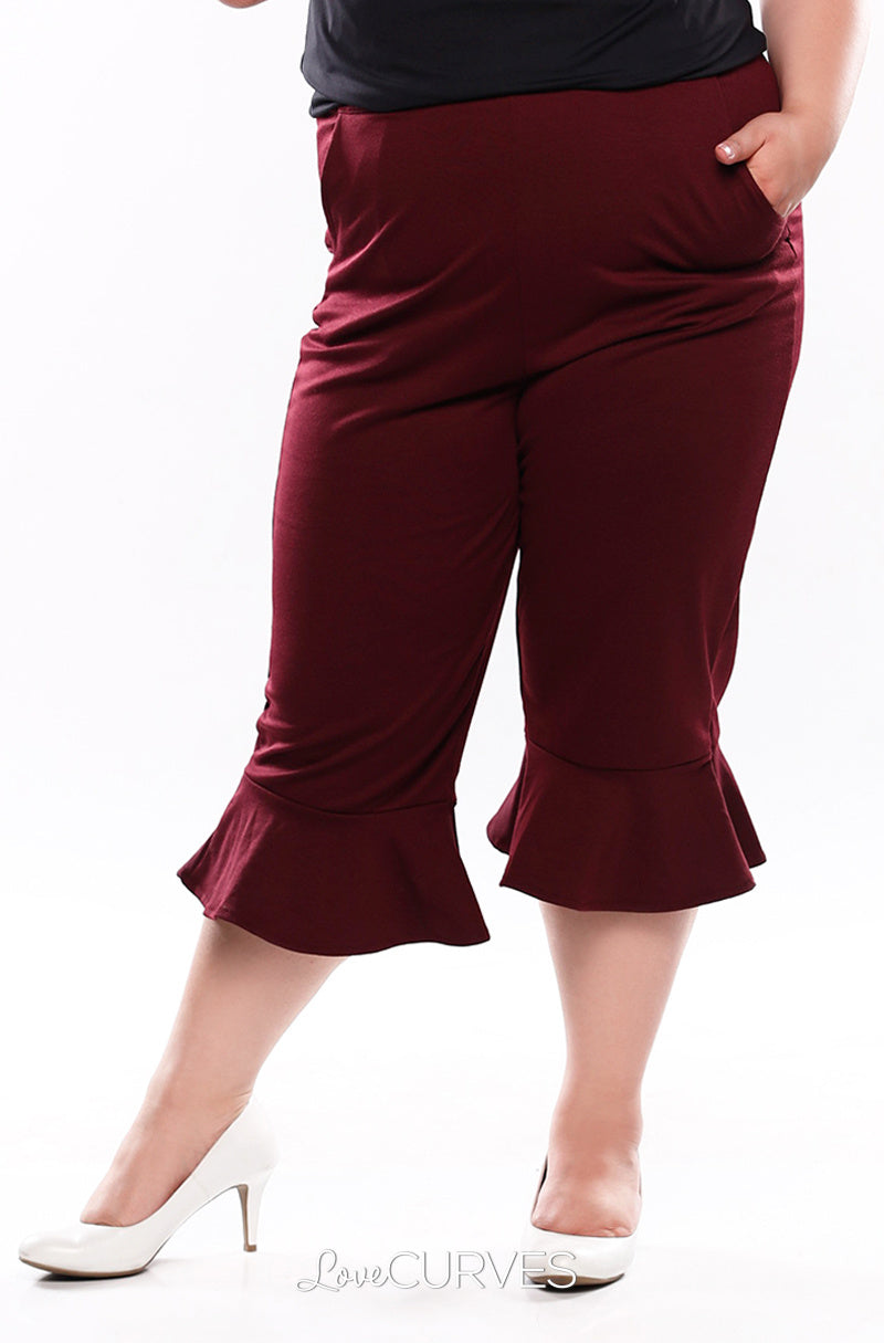 Frill Hem Cropped Pants with Side Pockets - Blood Stain - OLI