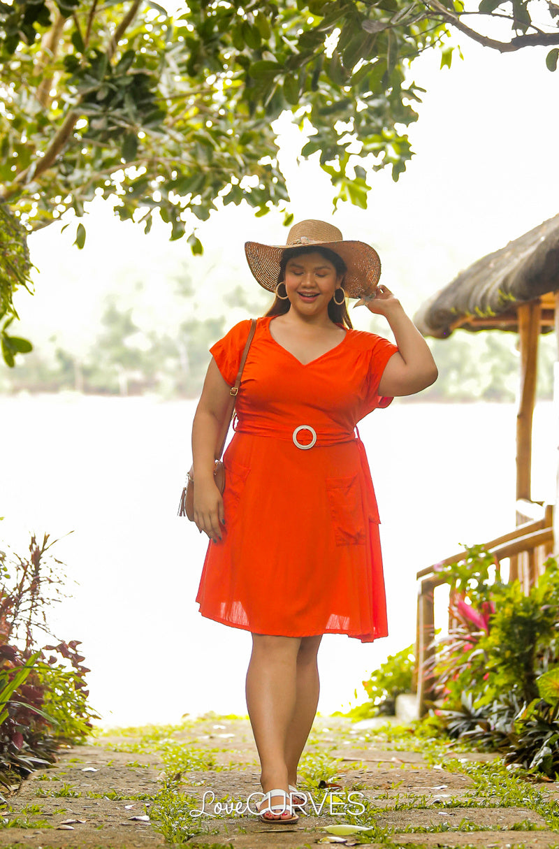 Yoke Dress with Patch Pockets and Belt- Bright Orange