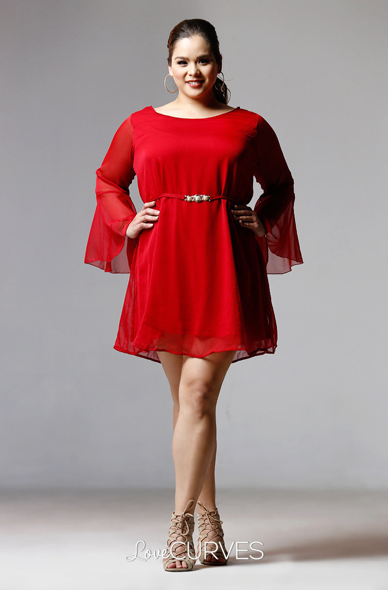 Flounce Sleeves Chiffon Short Dress-Carmine - PSY