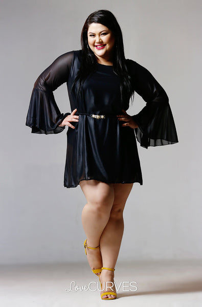 Flounce Sleeves Chiffon Short Dress- Shiny Black - PSY