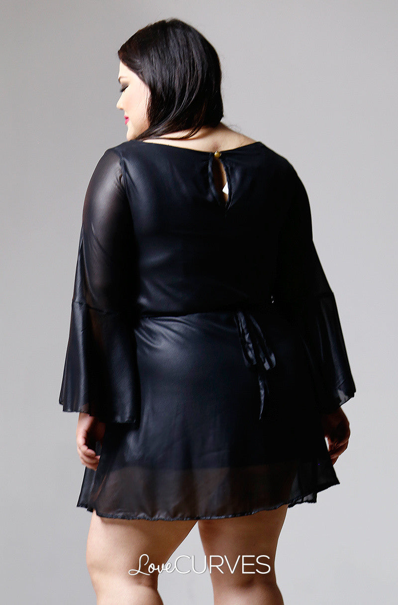Flounce Sleeves Chiffon Short Dress- Shiny Black - PSY