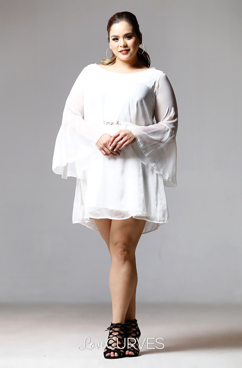 Flounce Sleeves Chiffon Short Dress-Cream - PSY