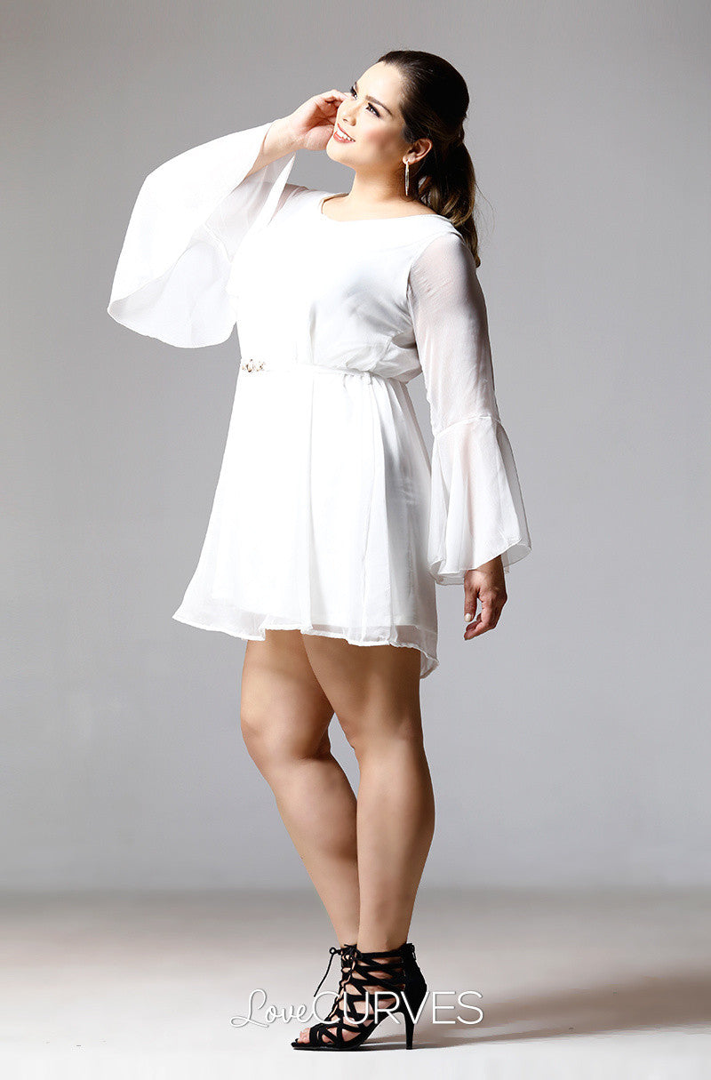 Flounce Sleeves Chiffon Short Dress-Cream - PSY
