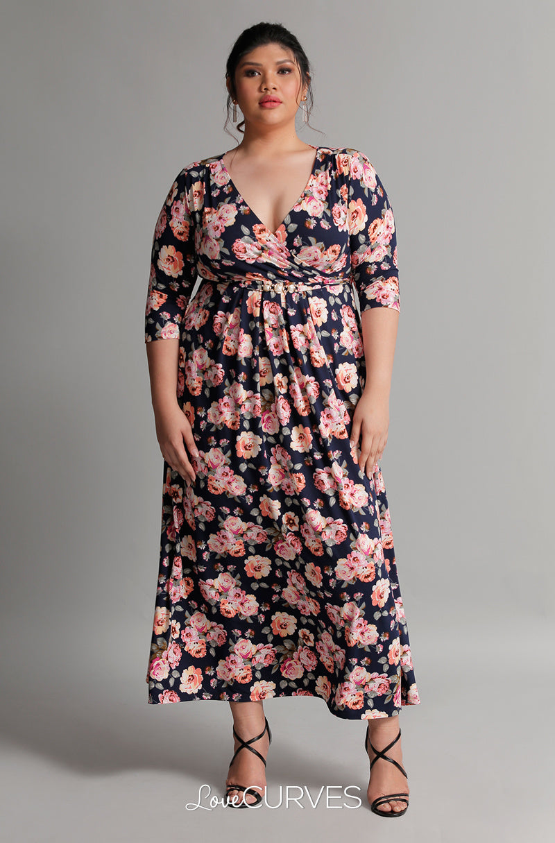 Pleated Wrap Maxi Dress with Charm Belt - Navy Bouquet