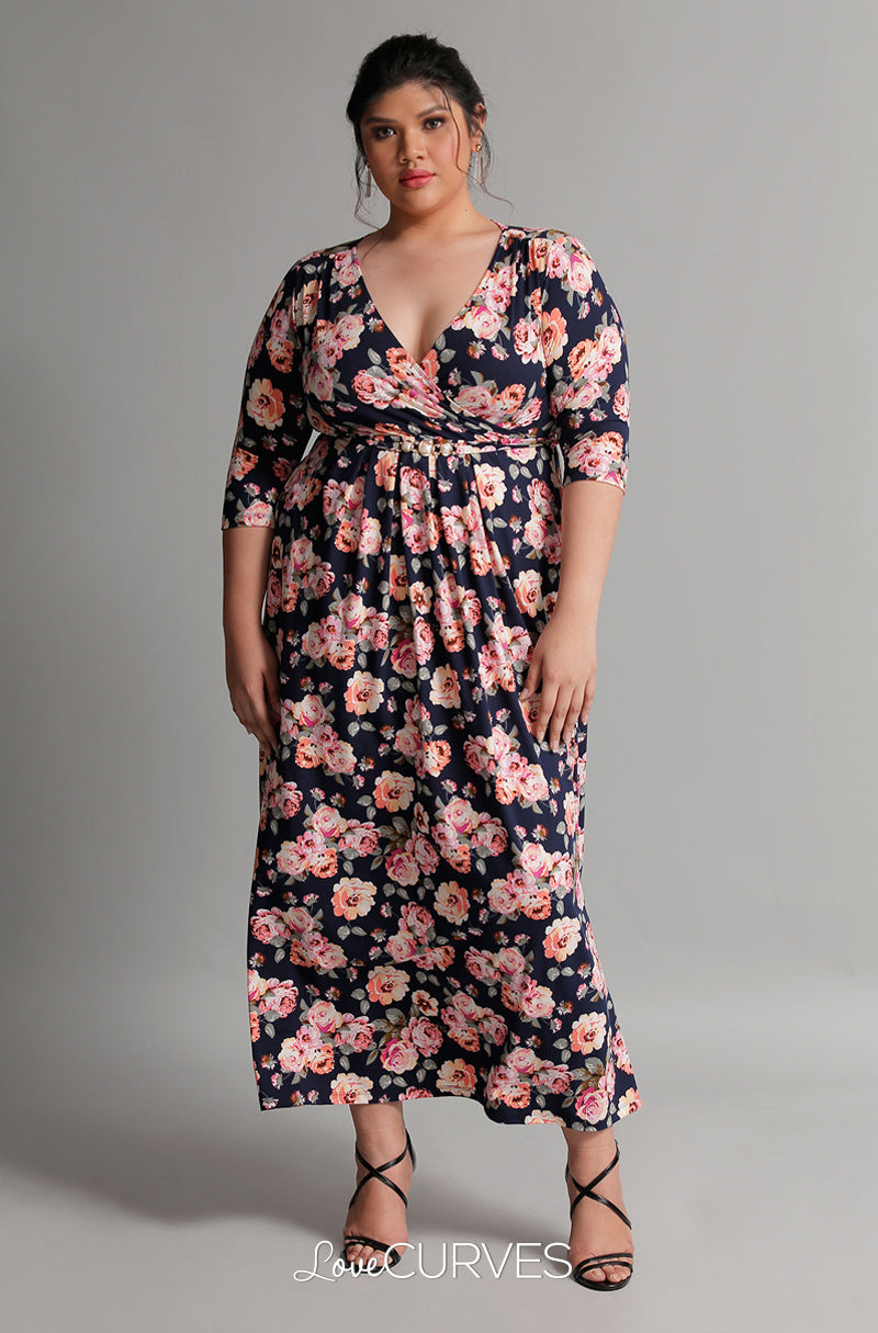 Pleated Wrap Maxi Dress with Charm Belt - Navy Bouquet