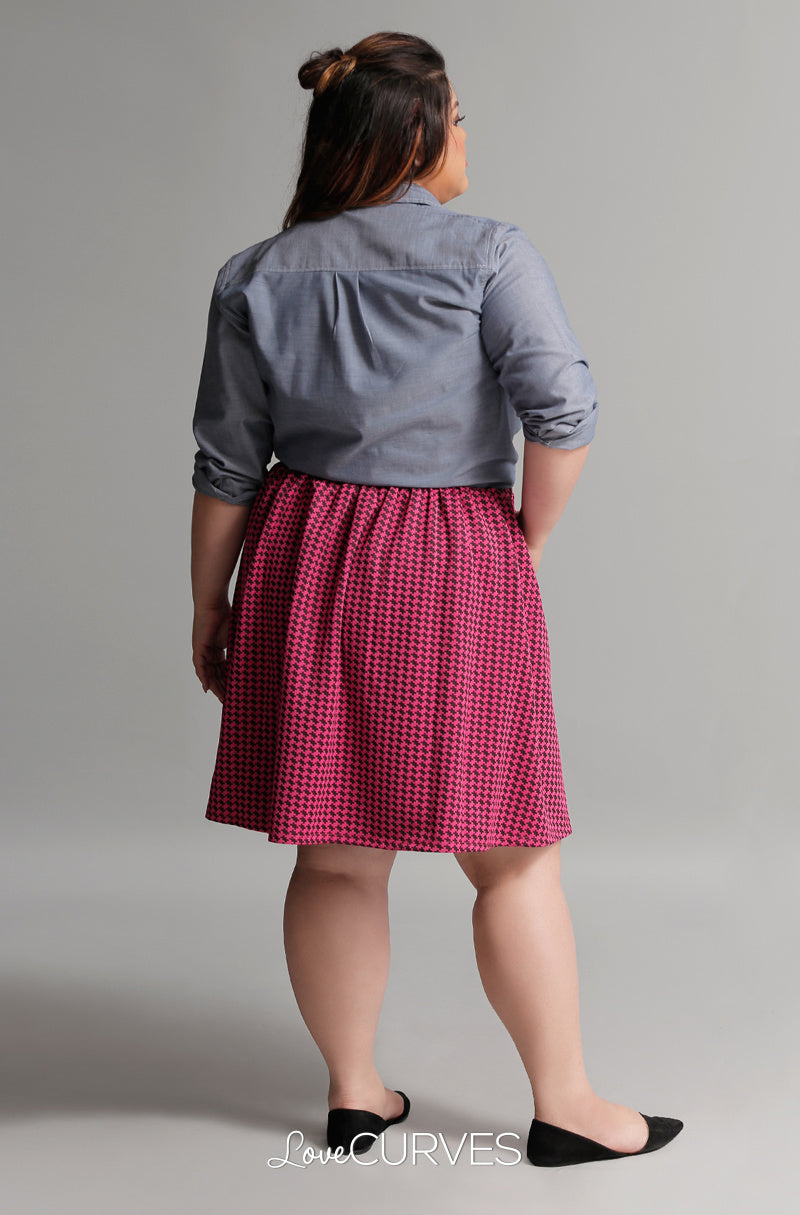 Pleated Skirt with Side Pockets and Belt - Pink Houndstooth - GRA