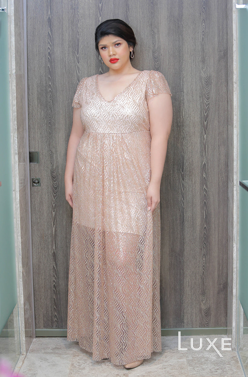 Deep V-Neck Glitter Gown - Blushing Beauty - LUXE