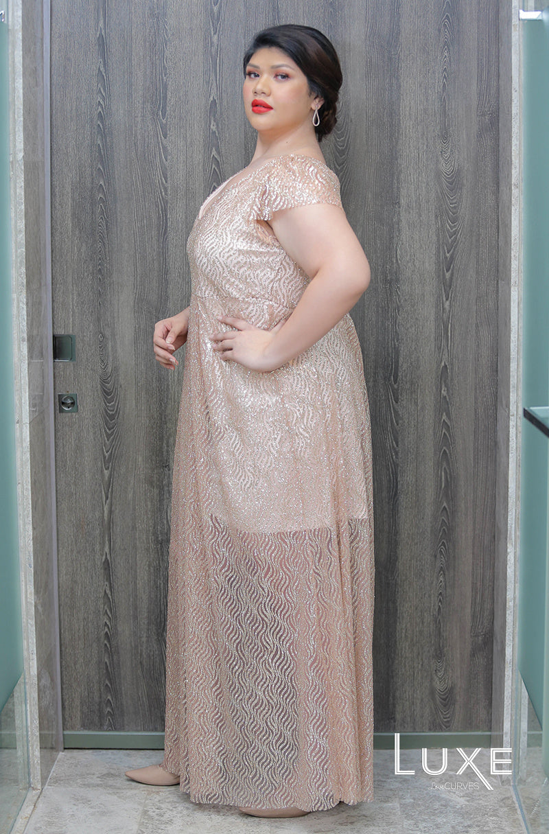 Deep V-Neck Glitter Gown - Blushing Beauty - LUXE