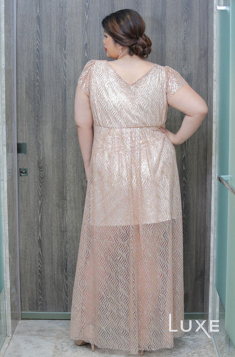 Deep V-Neck Glitter Gown - Blushing Beauty - LUXE