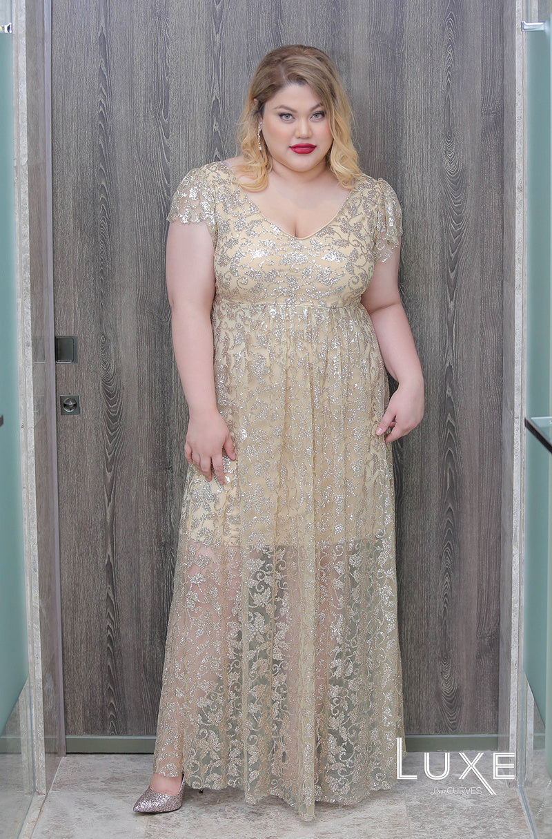 Deep V-Neck Glitter Gown - Golden Goddess- LUXE