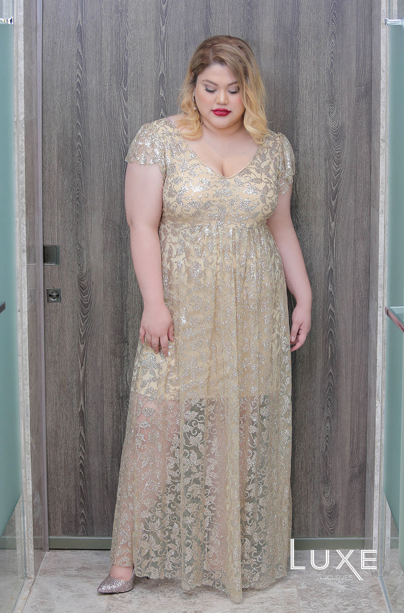 Deep V-Neck Glitter Gown - Golden Goddess- LUXE